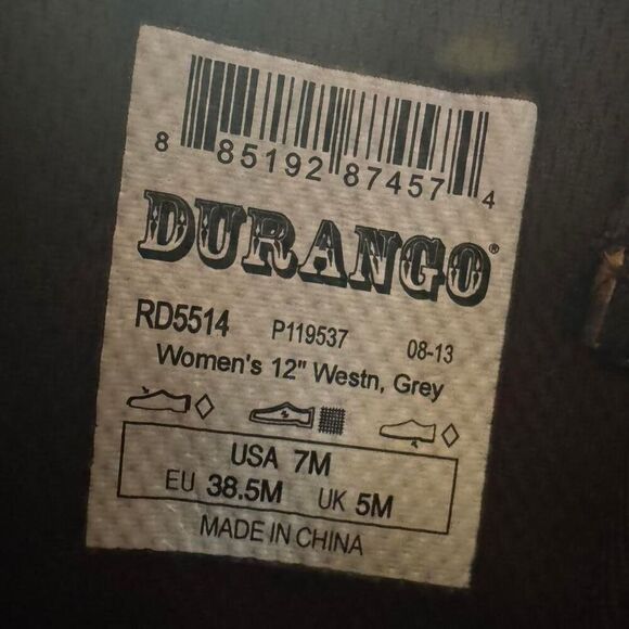 Durango Women’s 12” Western Cowboy Boots RD5514 Size 7M Grey Leather Snip Toe - Picture 6 of 6